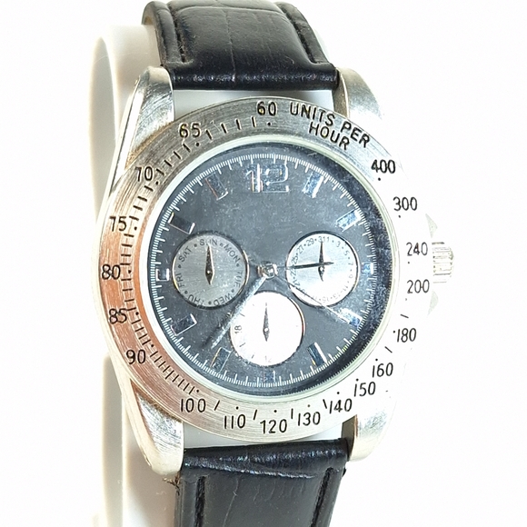 Steel & Black Leather Band Mens Quartz Analog Wrist Watch, New Battery - Picture 2 of 10